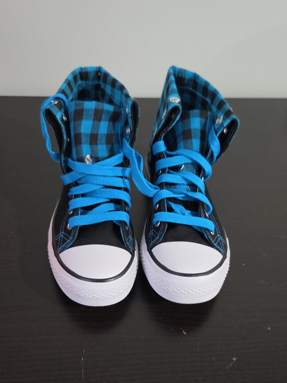 High-Top Canvas Sneakers in Black and Blue Plaid